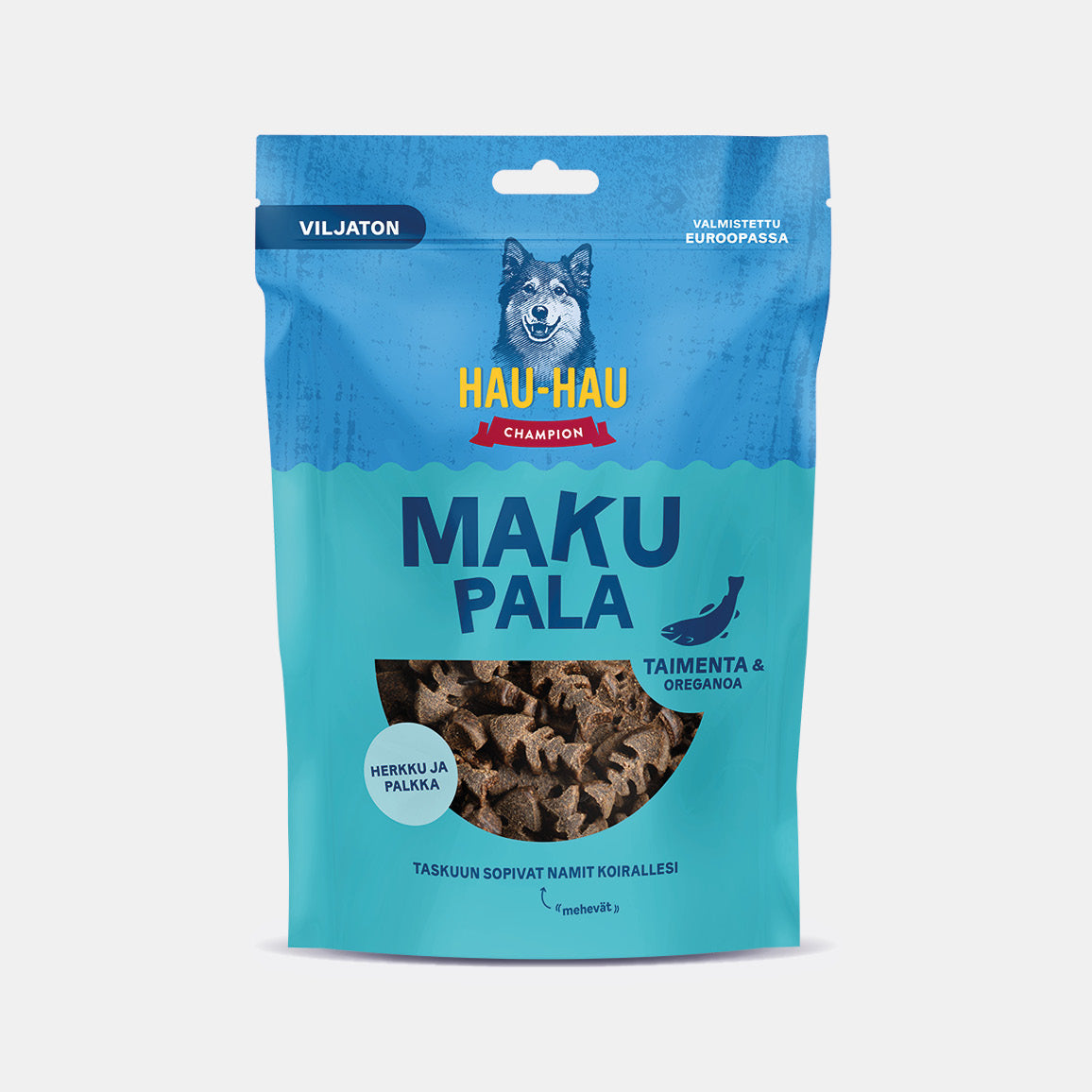 Hau-Hau Champion Makupala Taimenta ja oreganoa viljaton koiran herkku 200 g pakkauskuva