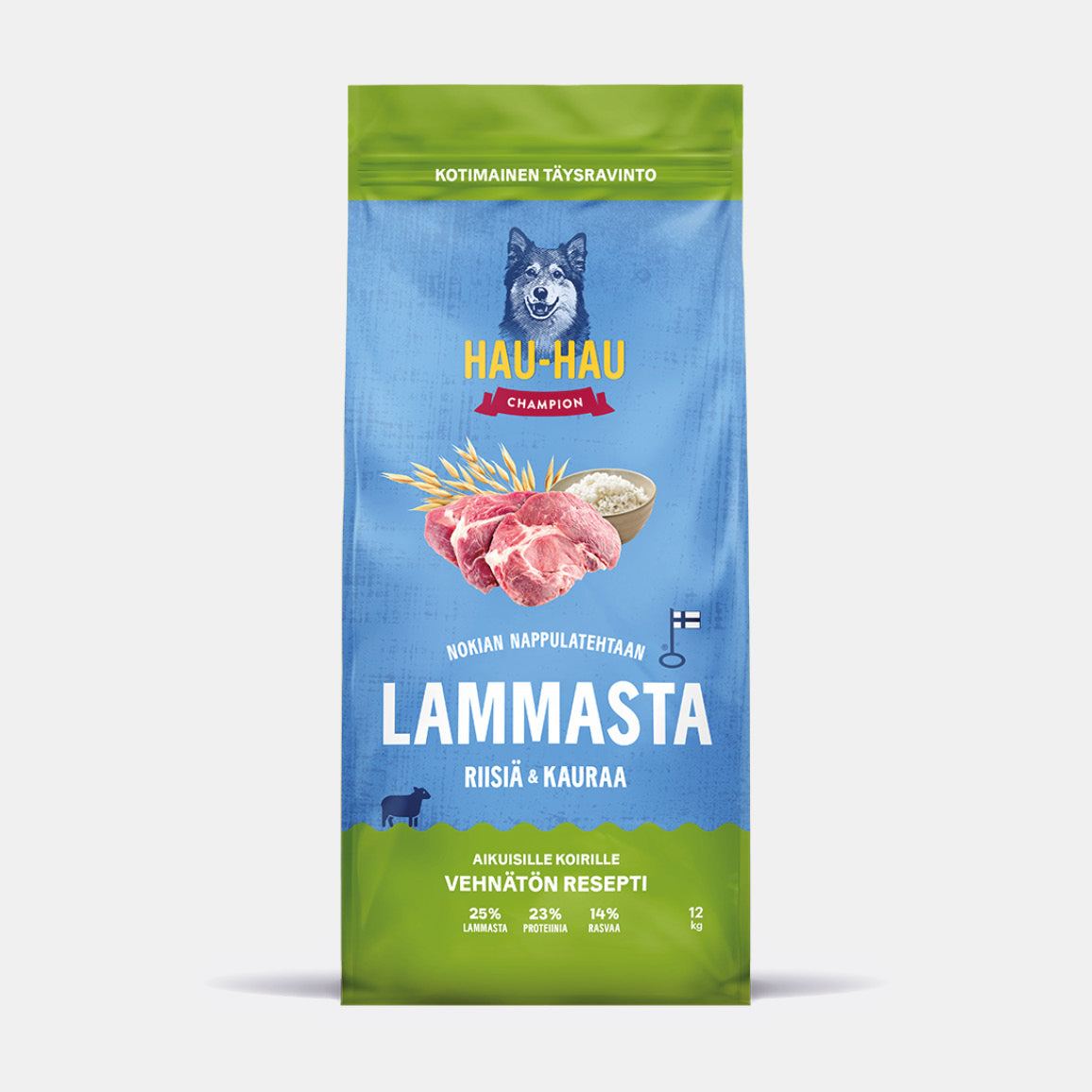 Hau-Hau Champion Nokian Nappulatehtaan Lammasta, riisiä ja kauraa kotimainen koiran kuivaruoka 12 kg pakkauskuva