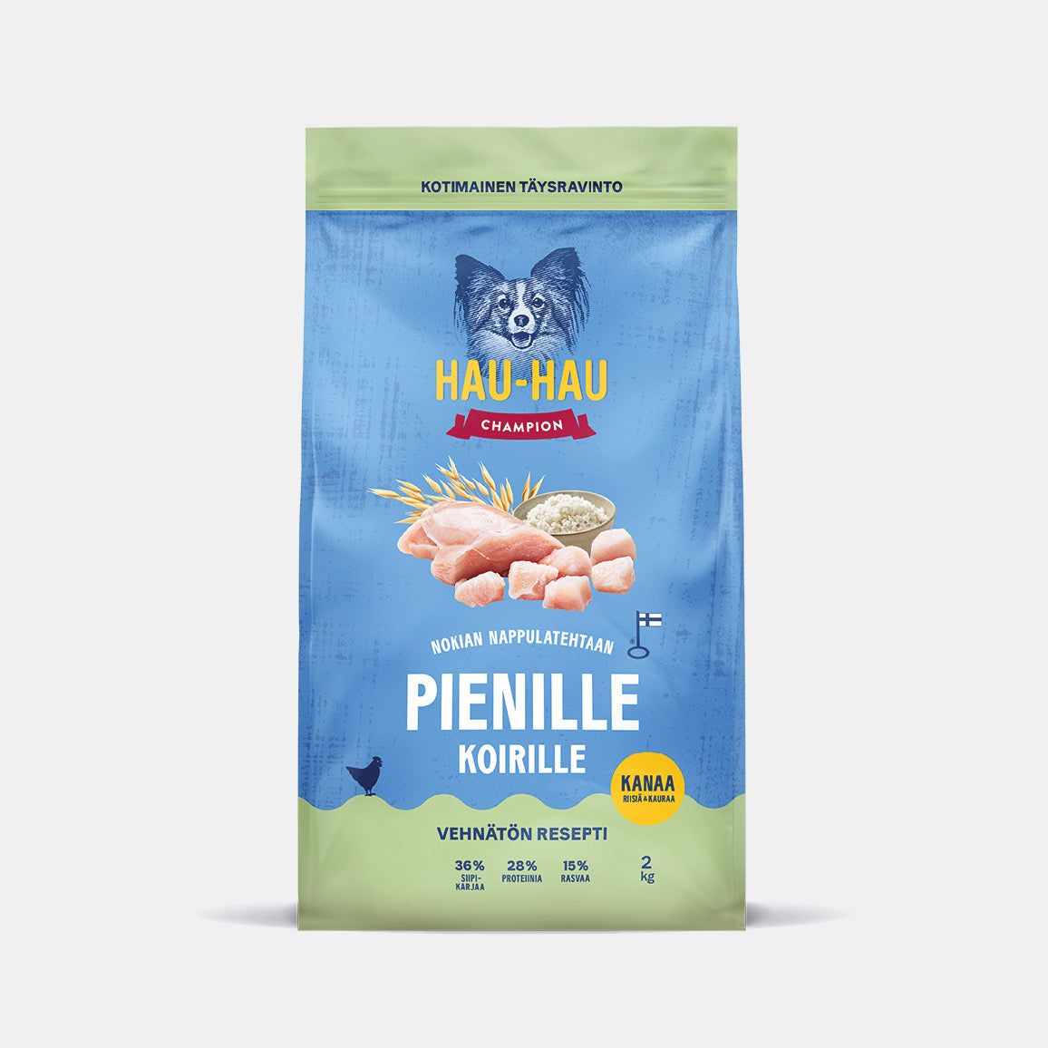 Hau-Hau Champion Nokian Nappulatehtaan Pienille koirille Kanaa, riisiä ja kauraa kotimainen kuivaruoka 2 kg pakkauskuva