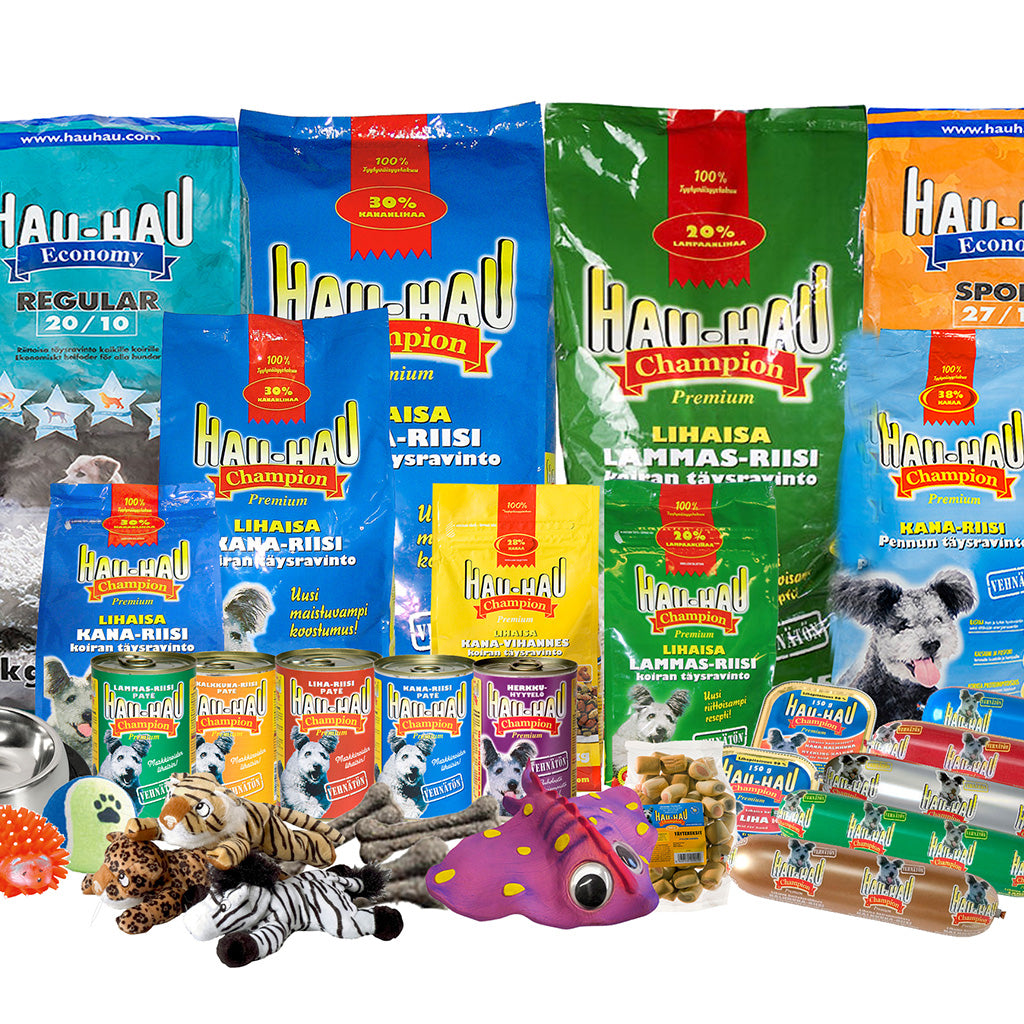 Kuvassa Hau-Haun koiranruokapakkausten kuvia 2000-luvun alusta