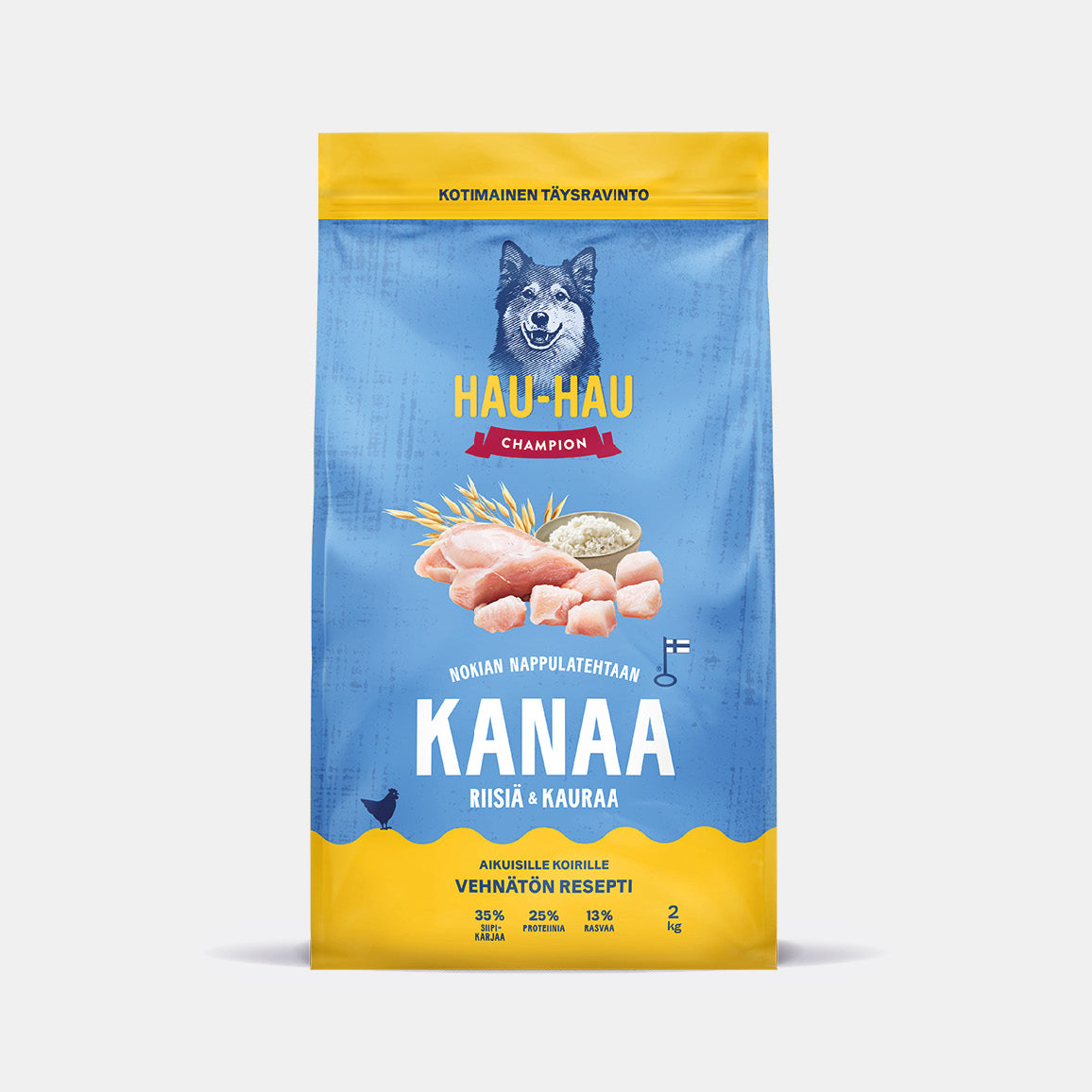Hau-Hau Champion Nokian Nappulatehtaan Kanaa, riisiä ja kauraa kotimainen koiran kuivaruoka 2 kg pakkauskuva