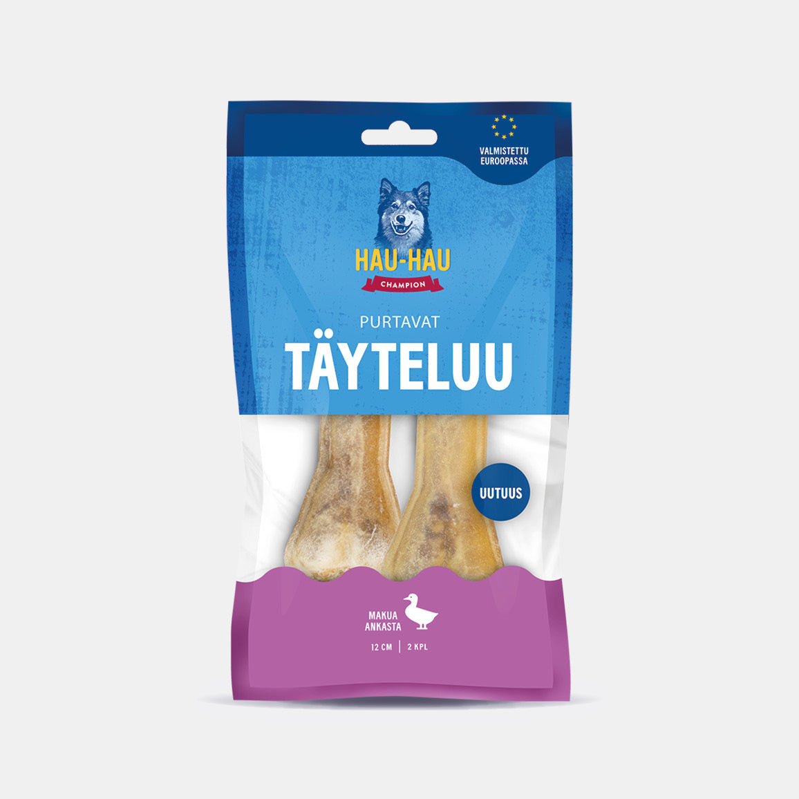 Hau-Hau Champion Purtavat Täyteluu ankka 12 cm koiran puruluu pakkauskuva