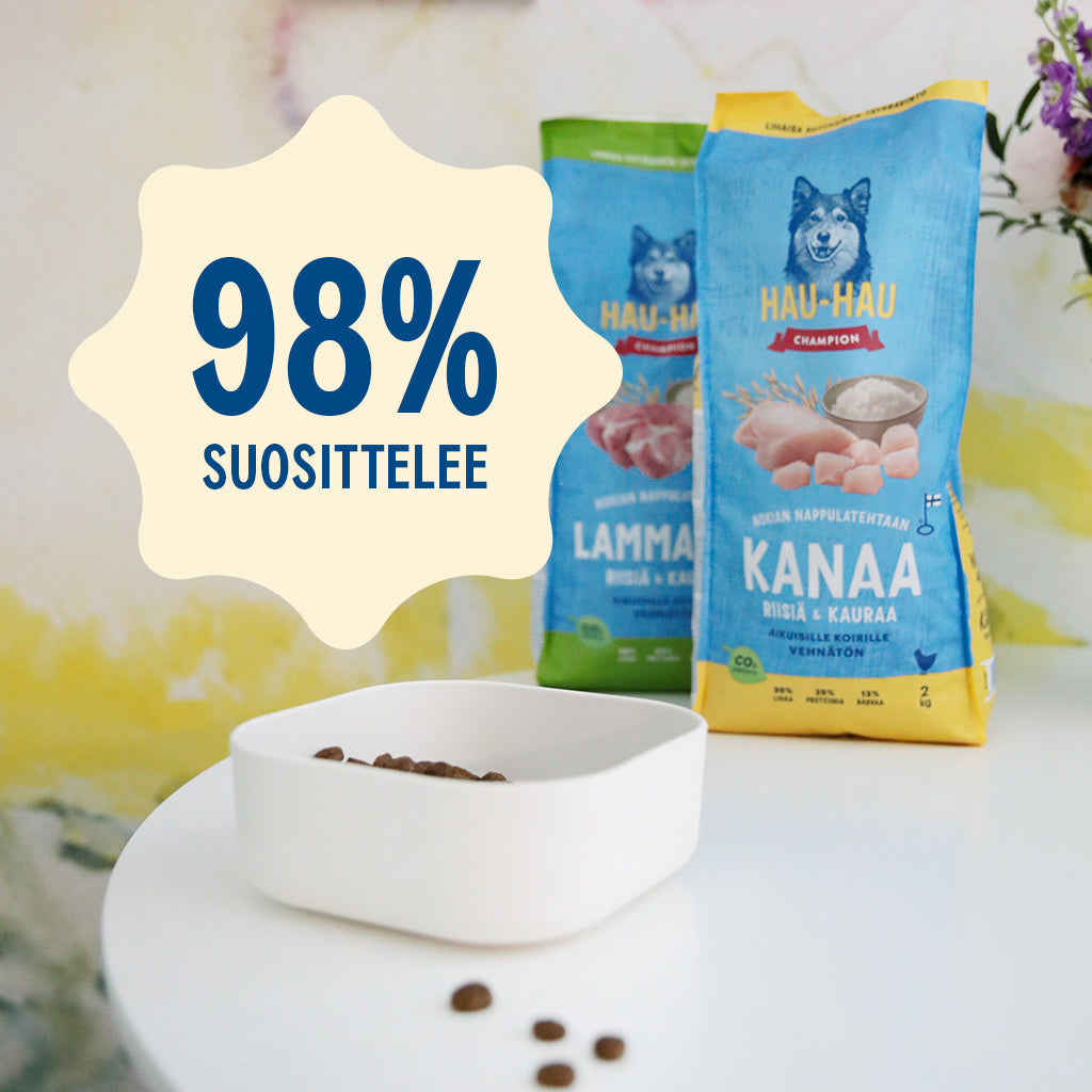 Nostokuva Hau-Haun testiryhmän tuloksista, jossa 98% Nokian Nappulatehtaan kuivaruokia testanneista suositteli tuotetta muille koiranomistajille