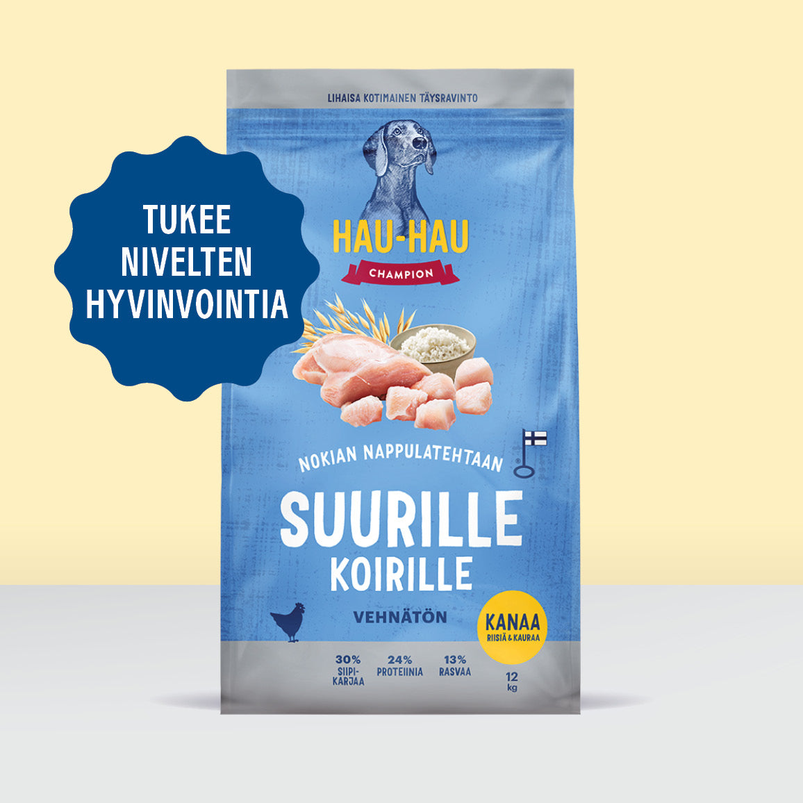 Kuvassa Nokian Nappulatehtaan suurille koirille suunniteltu kuivaruoka, joka tukee nivelten hyvinvointia